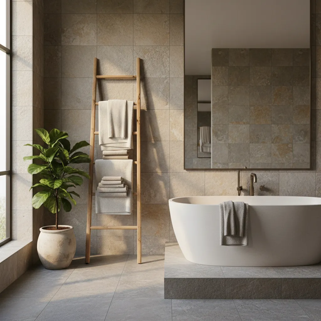 Decorative towel display on ladder rack in spa style bathroom