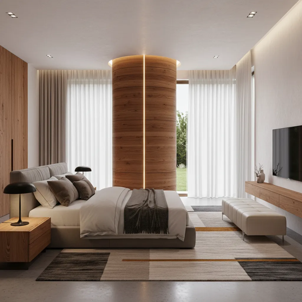 Modern bedroom with wooden central pillar featuring lights grey bed patterned rug and white curtains