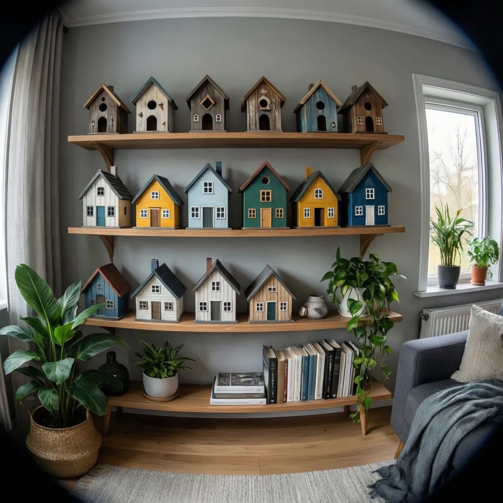 Colorful decorative bird houses arranged on a modern interior shelf