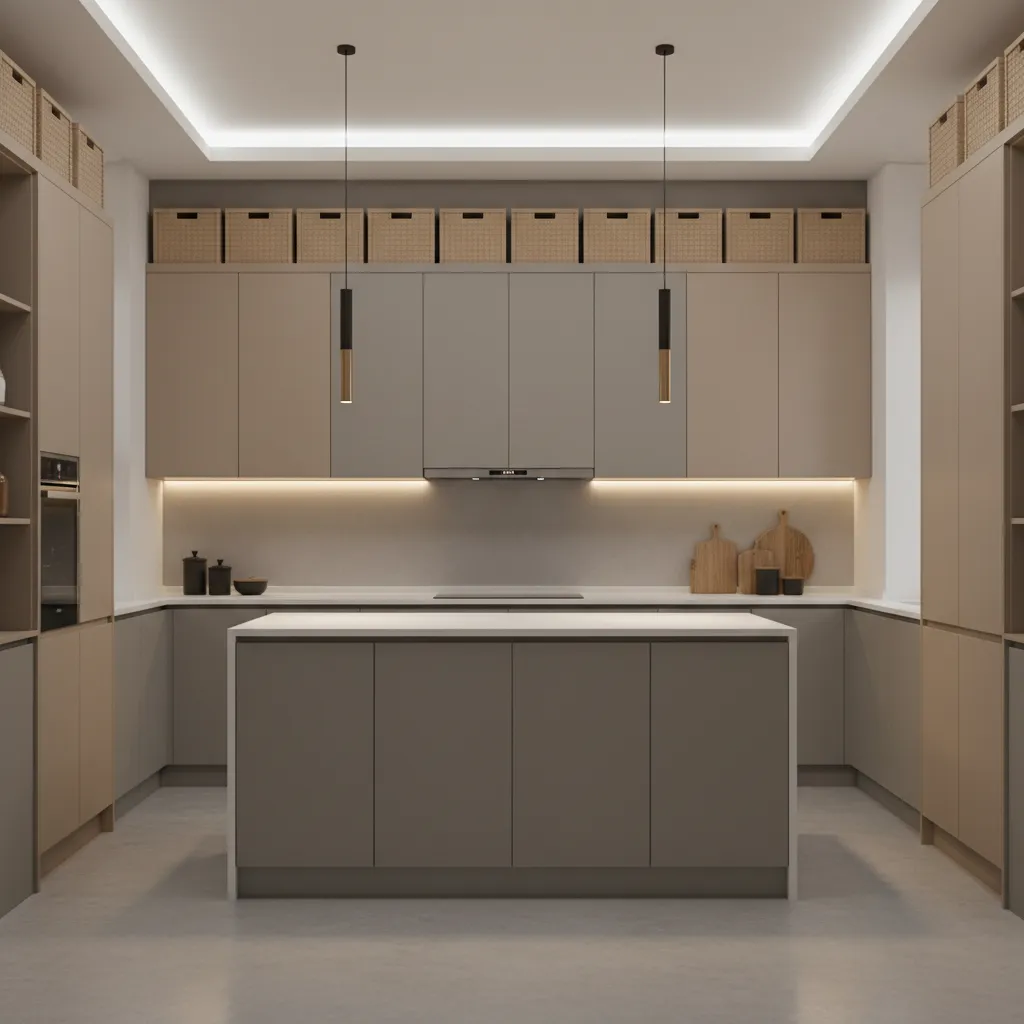 Decorative storage boxes aligned above modern kitchen cabinets