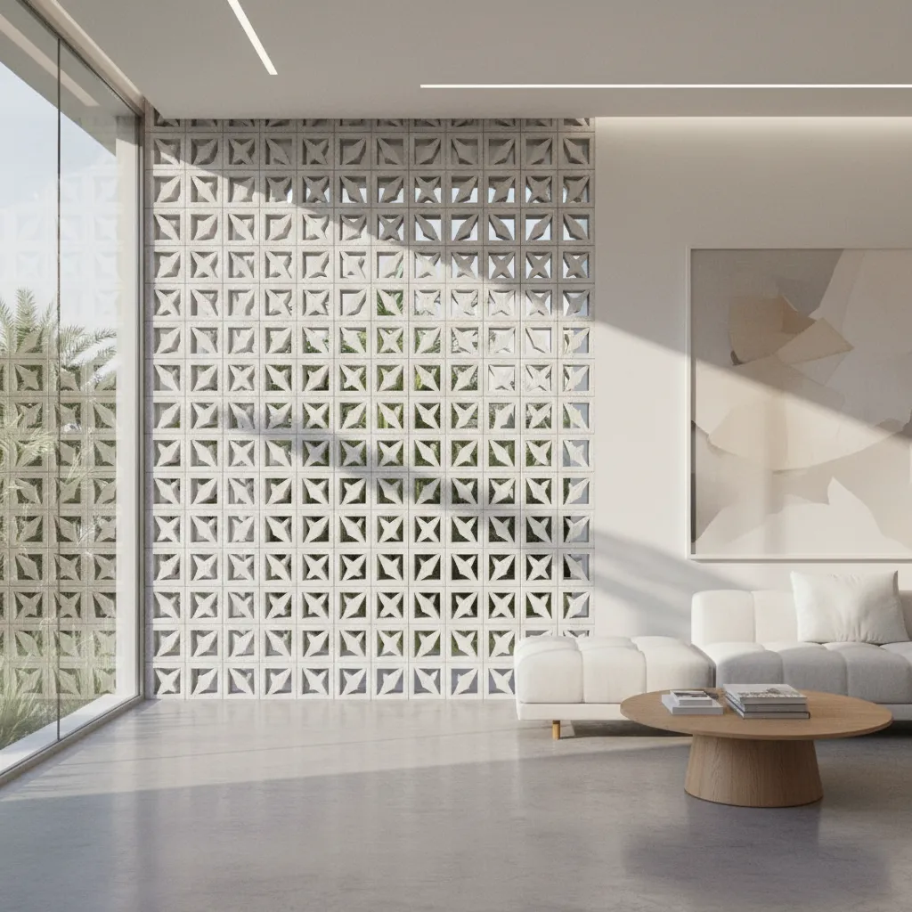 White breeze block wall casting geometric shadows in modern interior