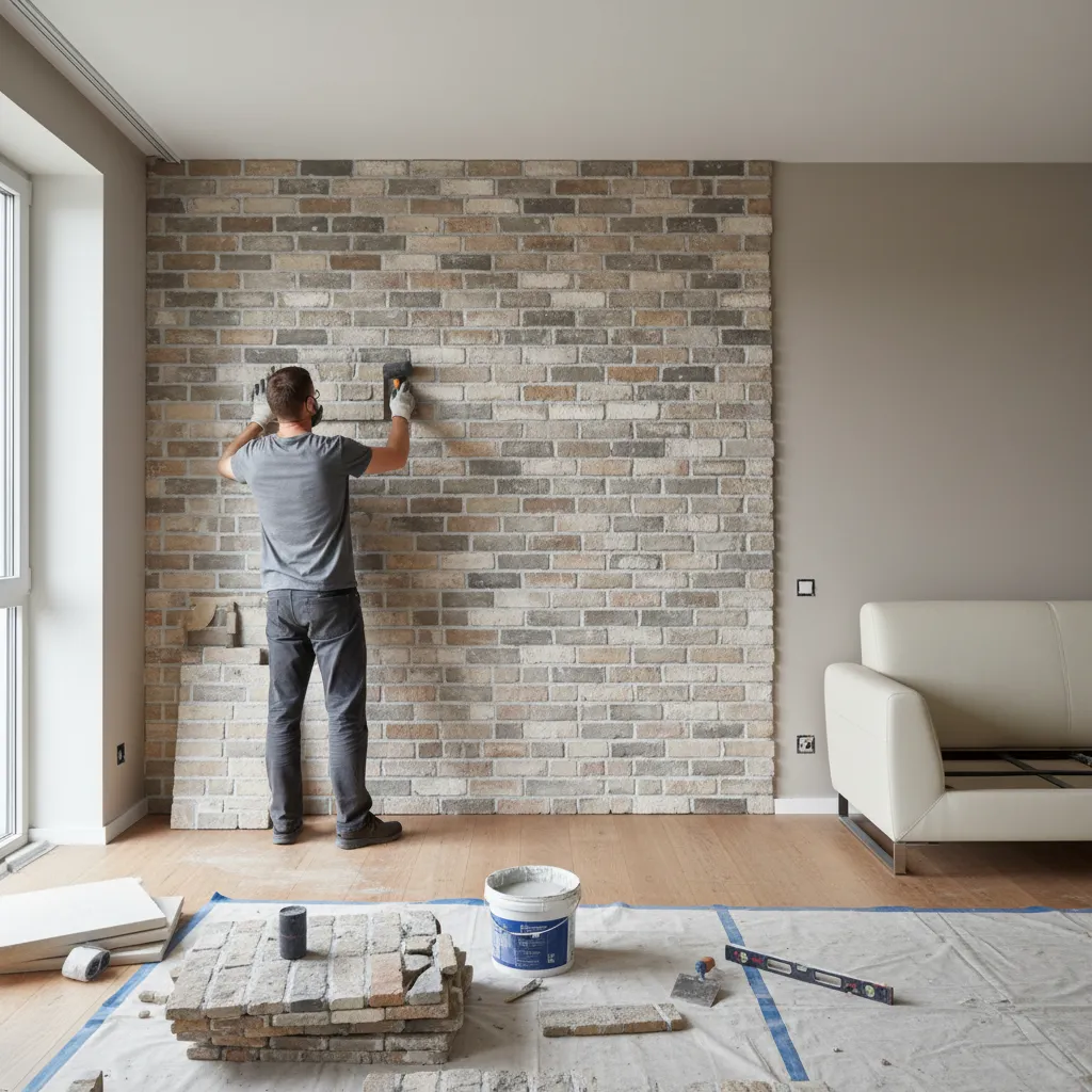 Instalación de revestimiento decorativo imitación ladrillo en una pared interior