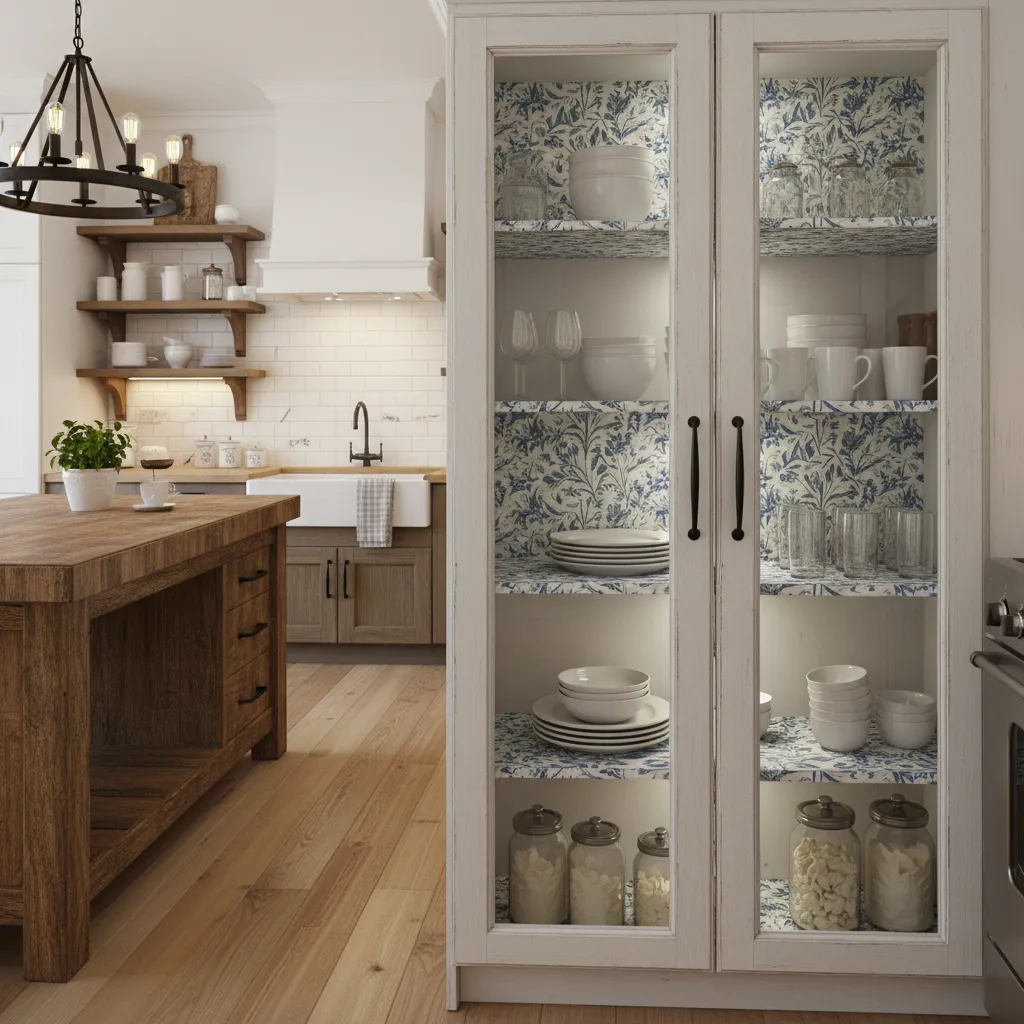 decorative shelf liner visible inside glass front kitchen cabinets