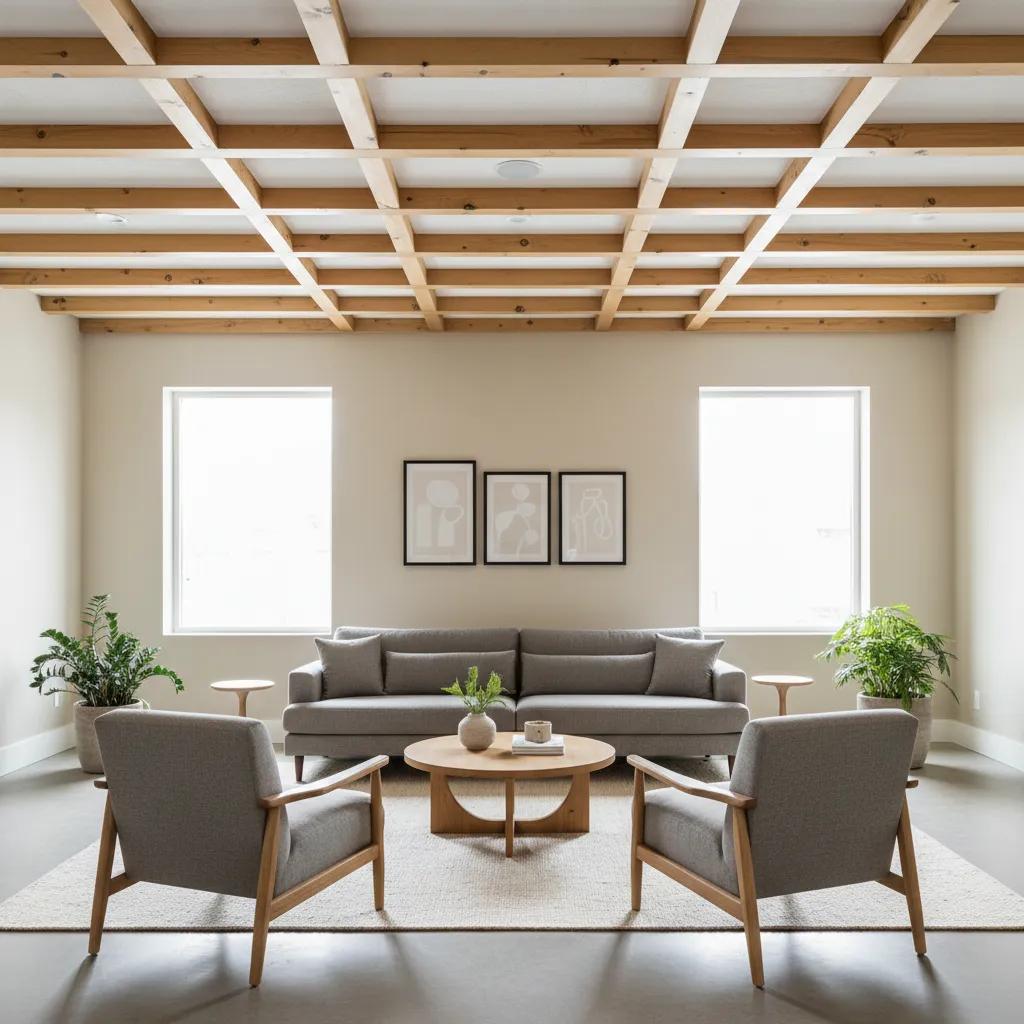 Modern living room with grey sofa wooden coffee table and decorative grid wood ceiling design