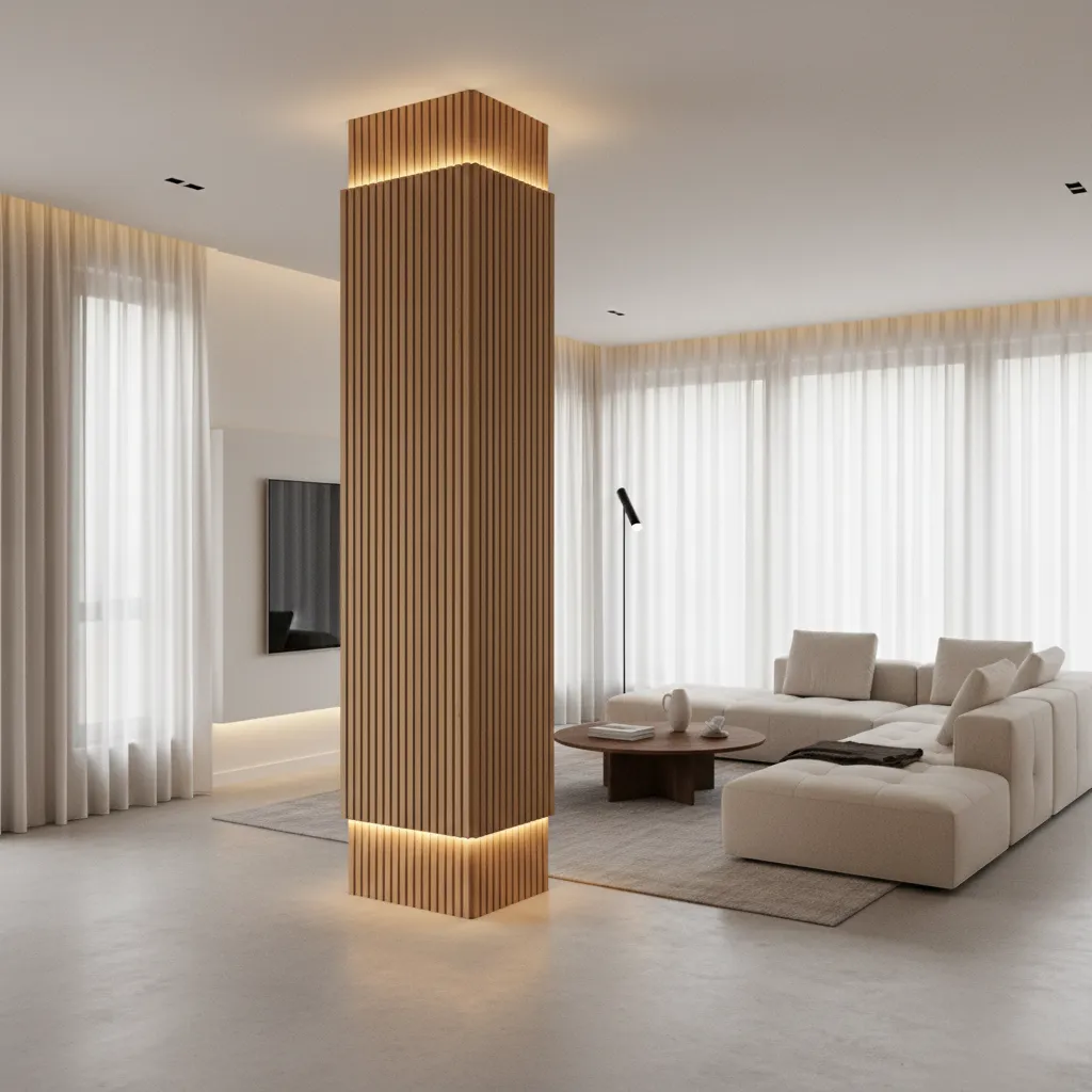 Decorative wall column with vertical wood slats and LED lighting