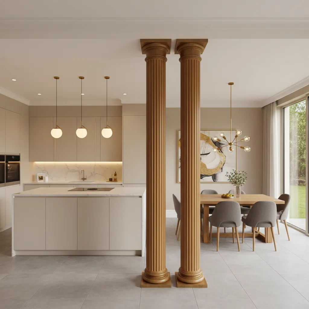 Open plan kitchen and dining room with two decorative wood columns and gold ceiling lights