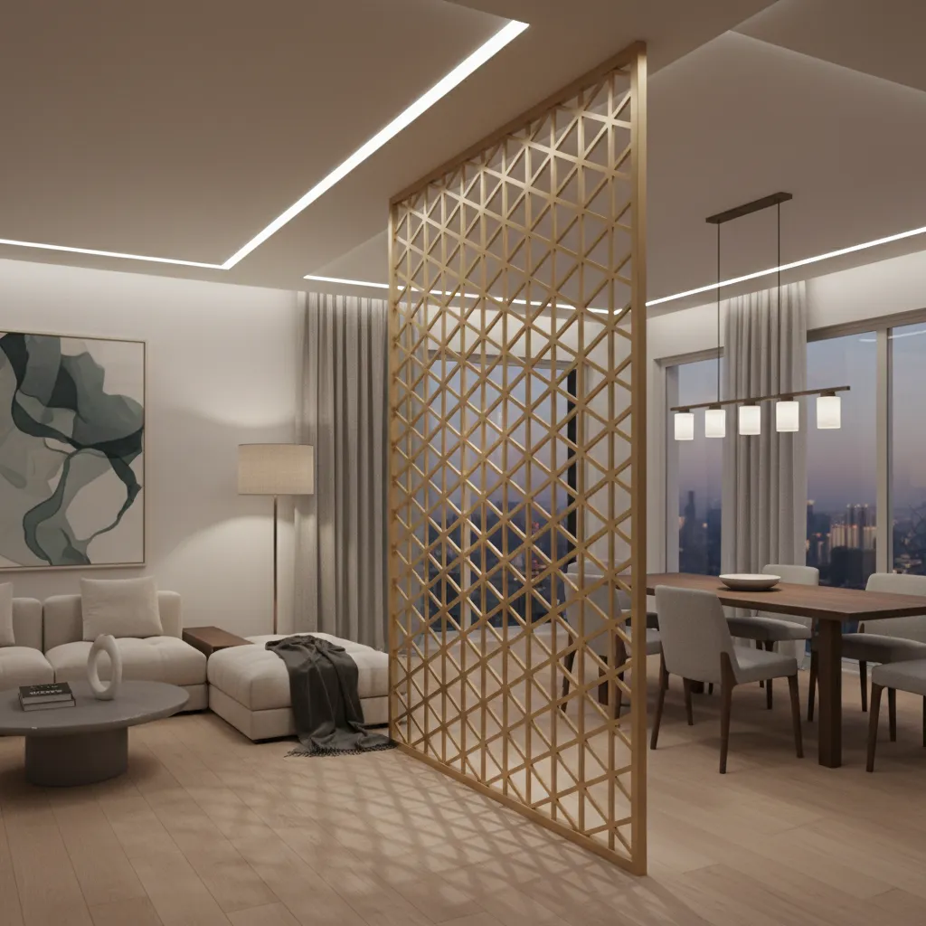 Decorative cutout wall panel used as interior room divider