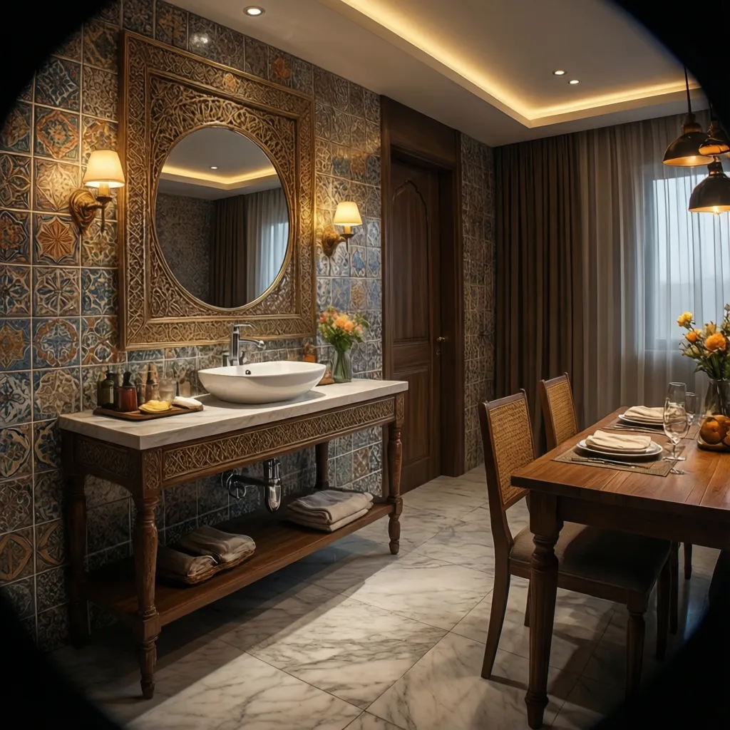 decorative dining wash basin wall with mirror and accent tiles