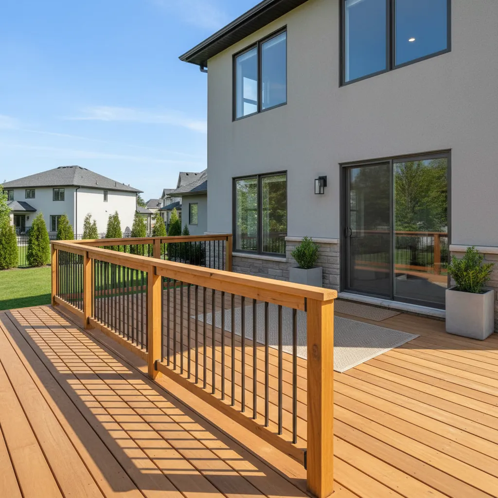 decorative exterior railing installed on a residential wooden deck