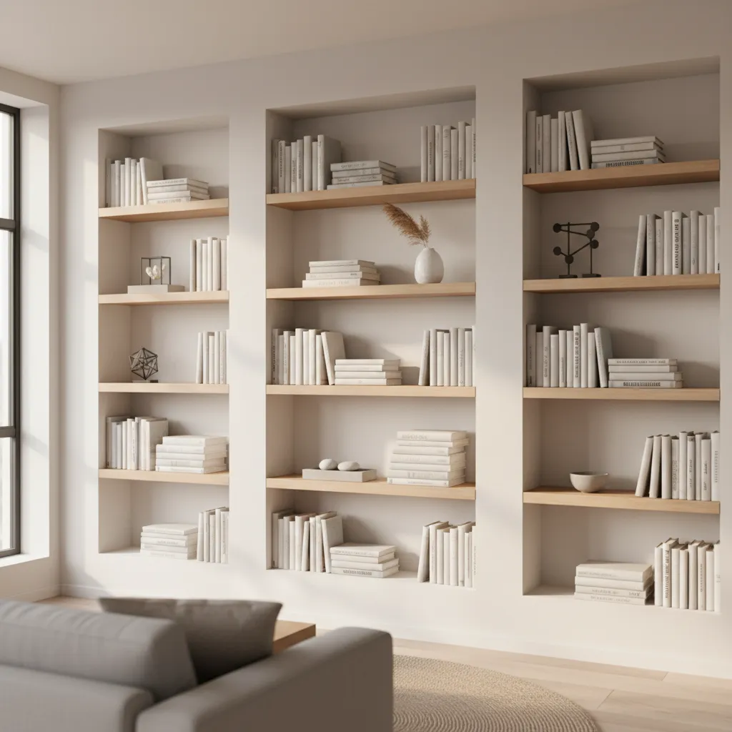 modern living room with decorative fake bookshelves styled with books and decor