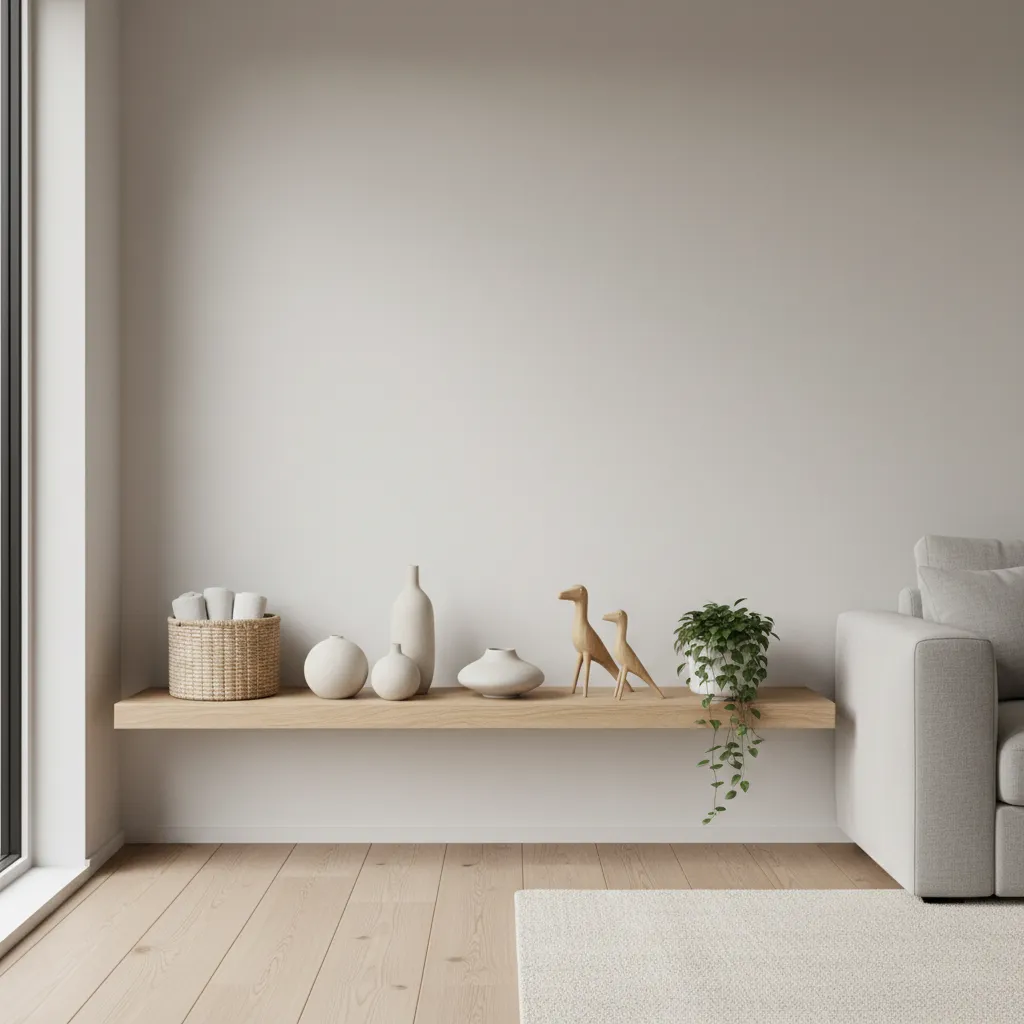 Estantería moderna con figuras decorativas de cerámica y madera