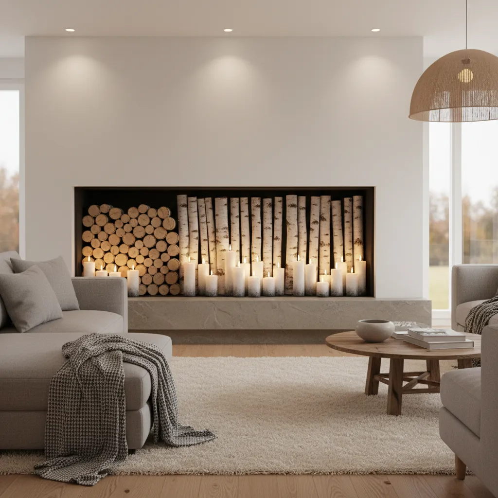 unused fireplace styled with candle and log decorative insert