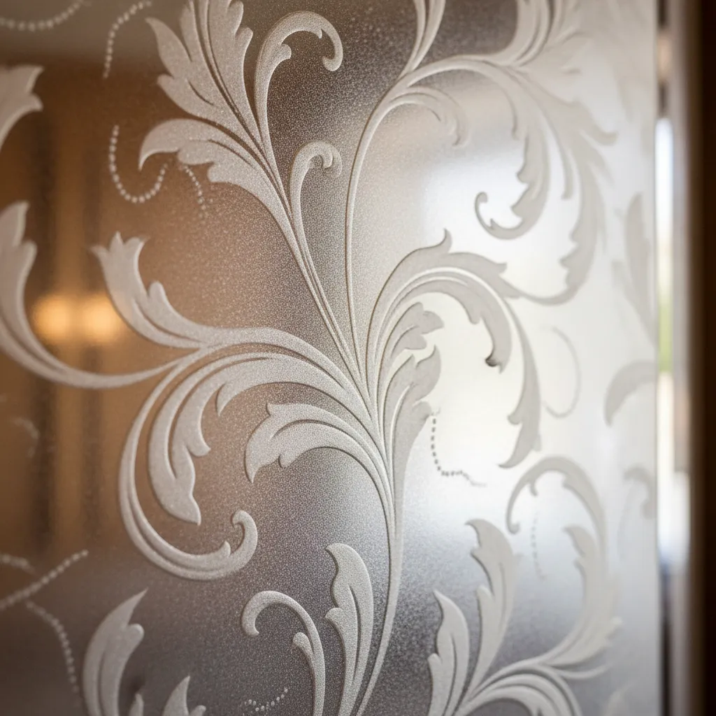 Detalle de patrón de hojas en cristal decorativo