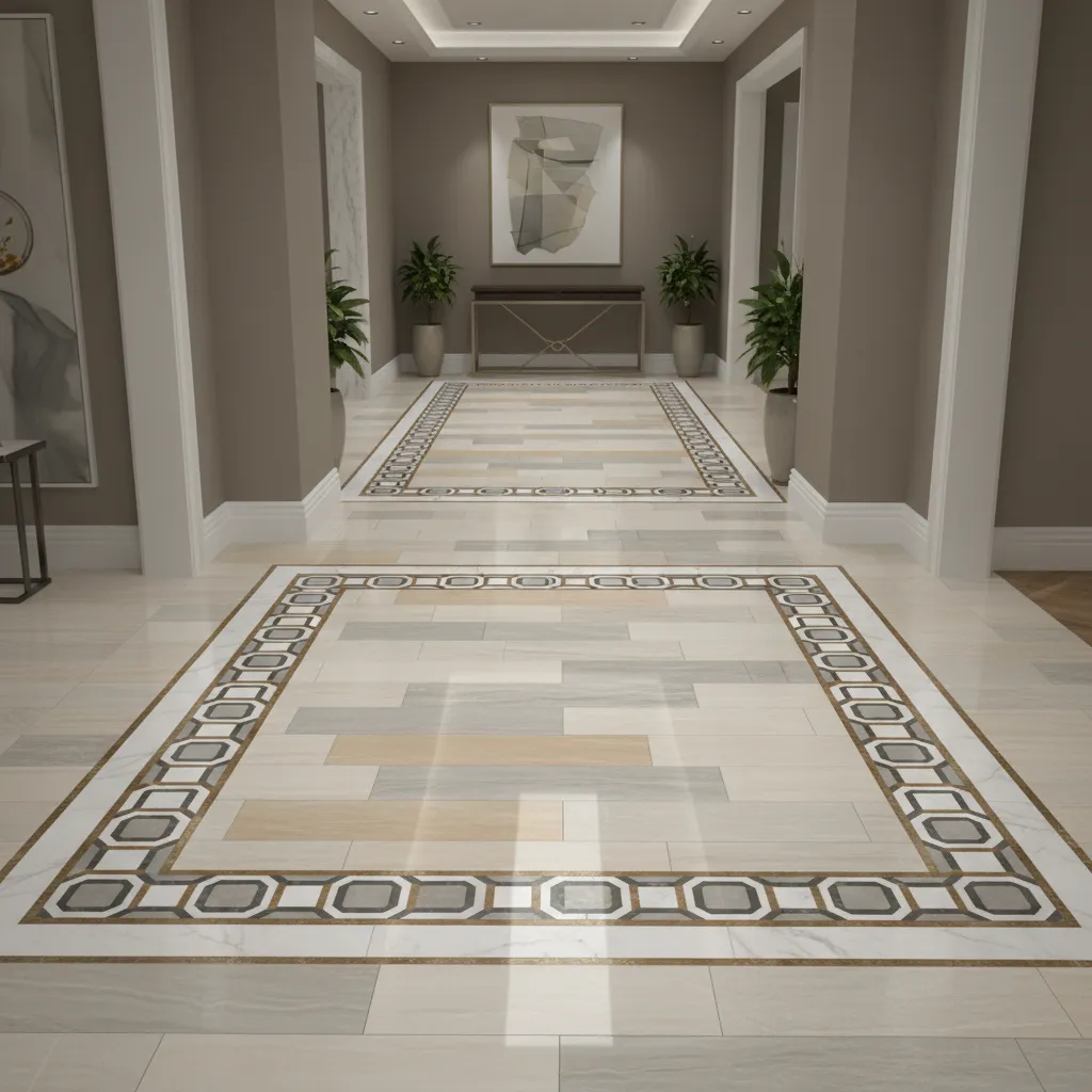 Examples of geometric and marble tile borders around hallway floor tiles
