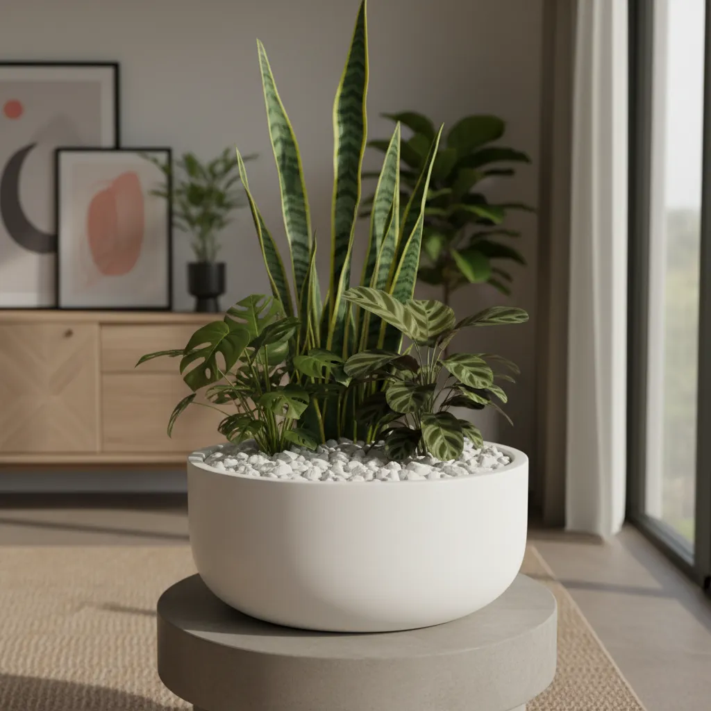 Detalle de jardinera interior con grava decorativa y plantas tropicales