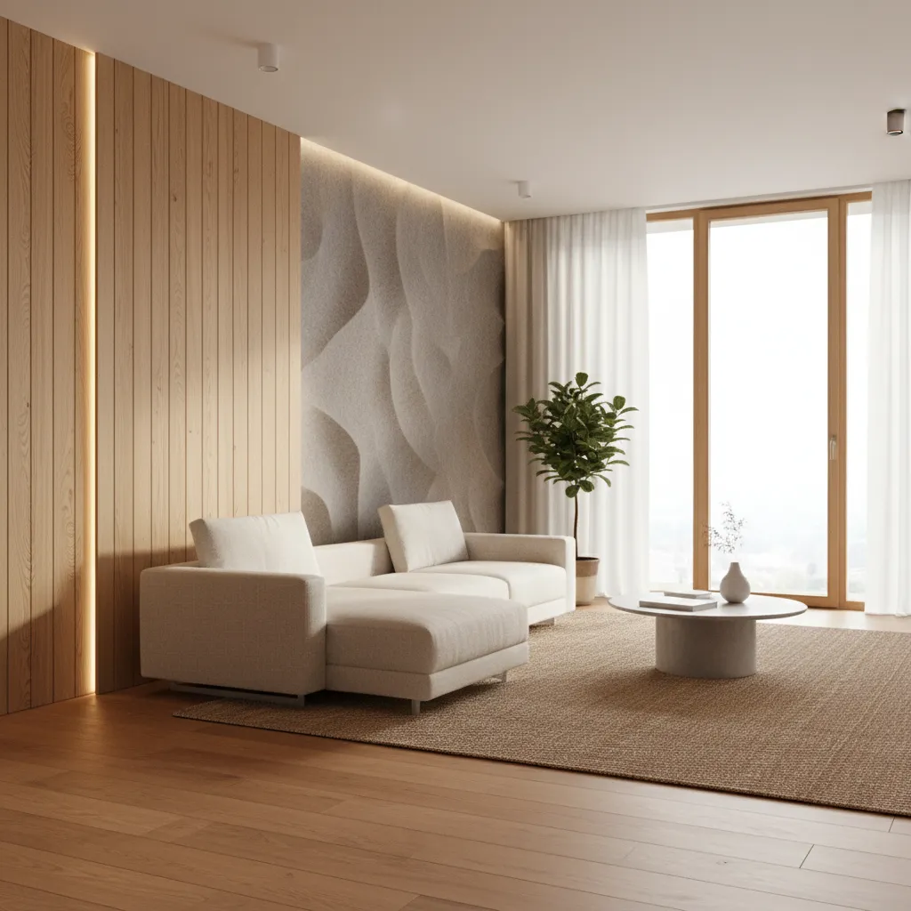 Living room interior wall finished with decorative insulated panels