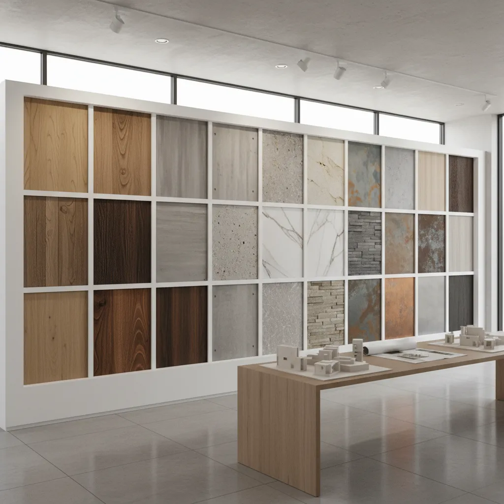 Different decorative insulated wall panel finishes including stone texture wood and metal styles