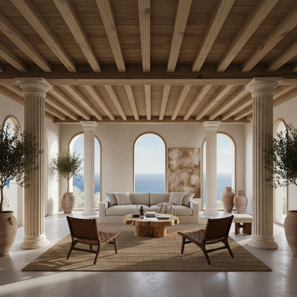 Mediterranean living room with stone columns wooden beam ceiling beige sofa and arched sea windows