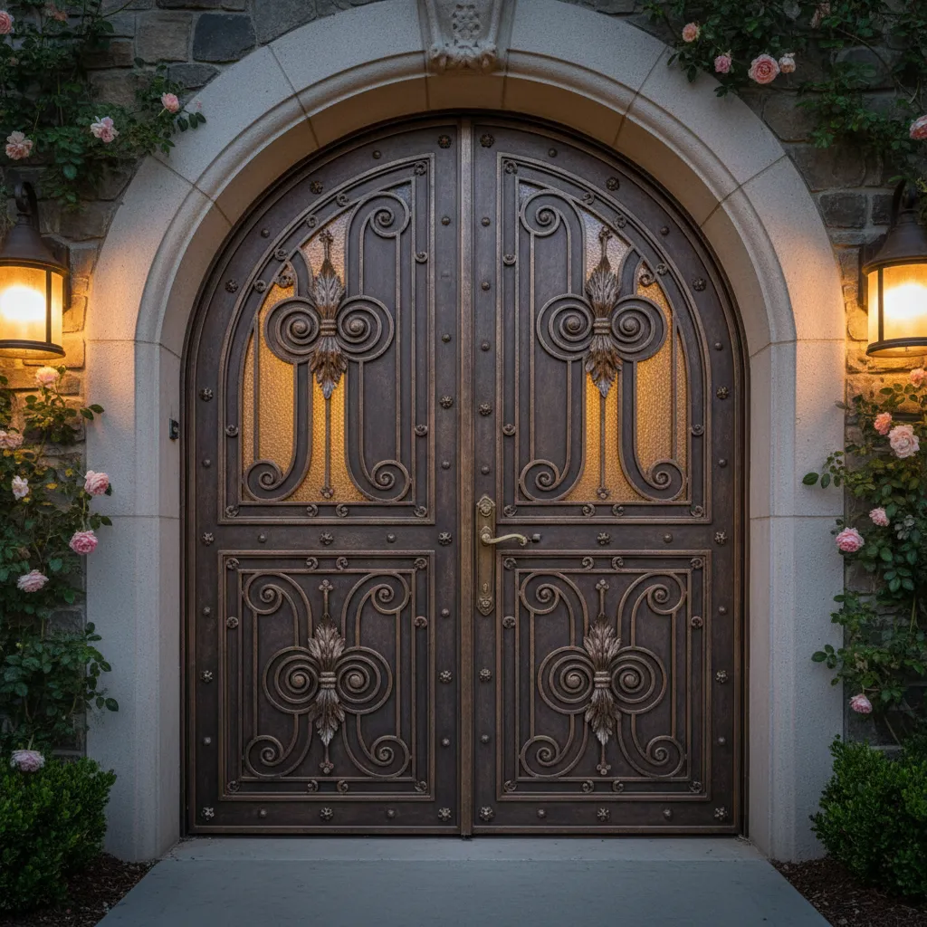Ornate brown metal double doors with arched stone frame glowing wall lights and pink roses