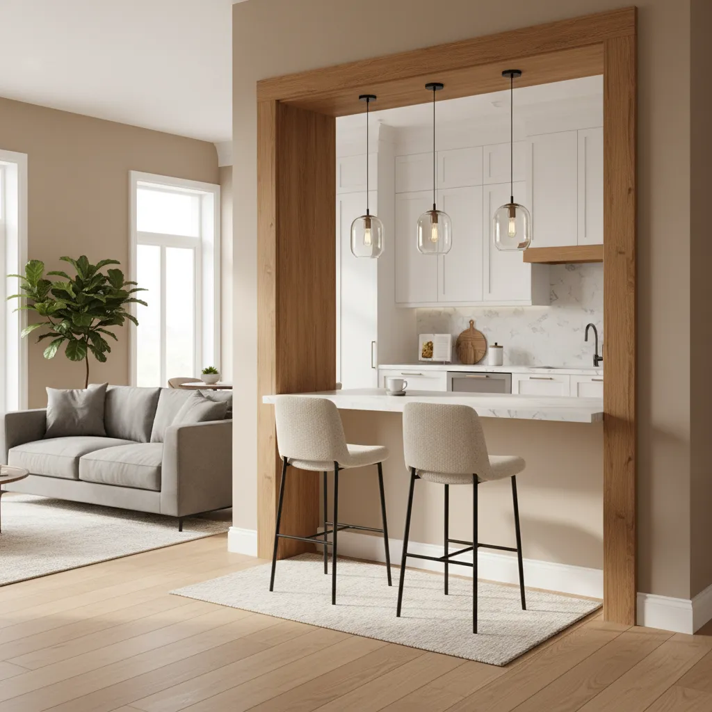 Stylish framed kitchen pass-through opening with wood trim and counter seating