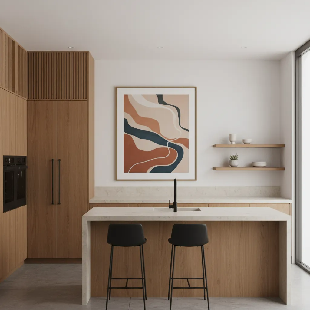 Modern kitchen with wooden island, two black stools, abstract wall painting, and wooden wall storage