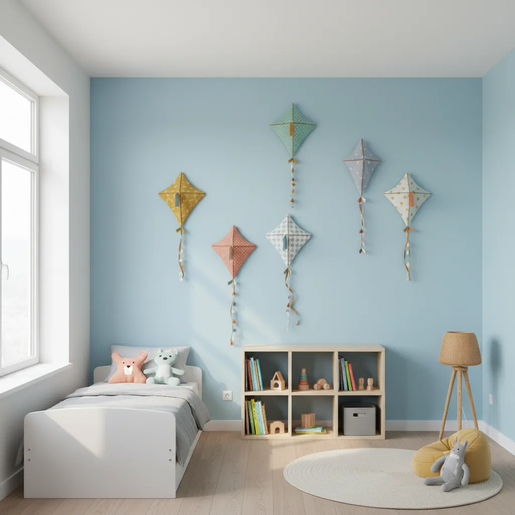 Kids blue bedroom featuring white bed wooden bookshelf colorful wall kite decorations and round white rug