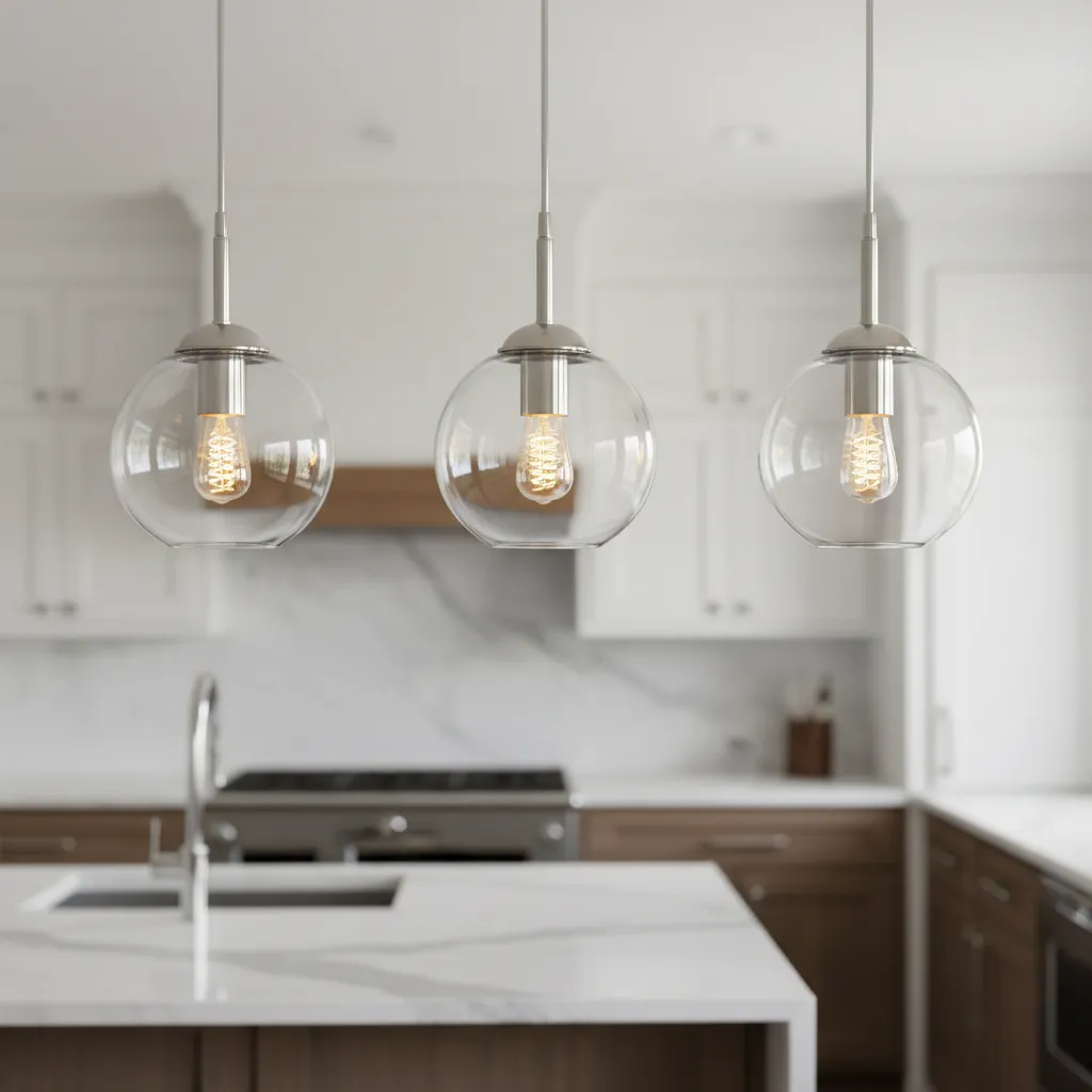 Close view of decorative LED filament bulbs in glass pendant lights