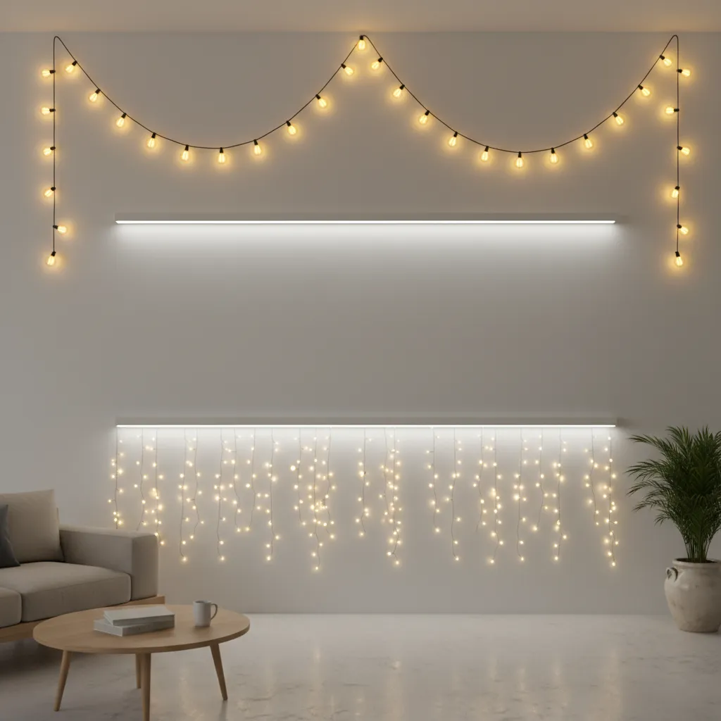 comparison of string lights LED strips and fairy lights on wall