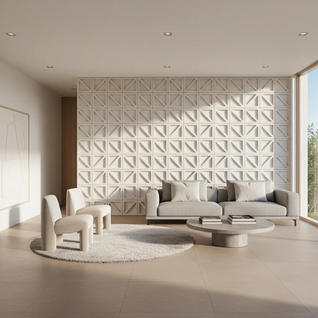 Living room with decorative geometric cut out wall panel