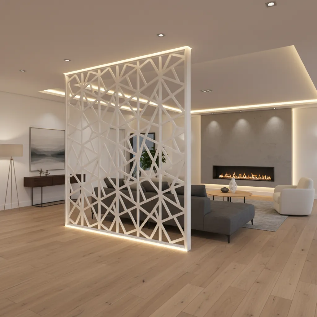 decorative CNC cut MDF partition screen separating entrance and living room