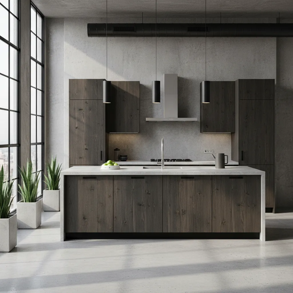 Industrial kitchen with exposed black metal chimney duct