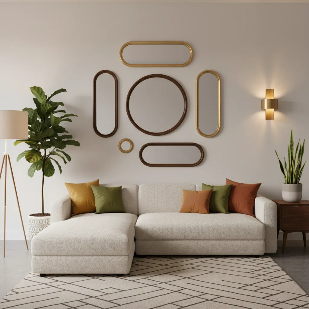 Gallery wall of mixed decorative mirrors in a stylish living room