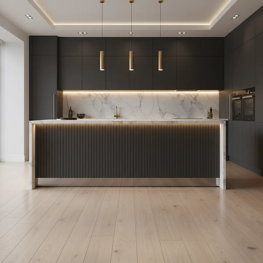 Kitchen island with mirrored decorative kick plate