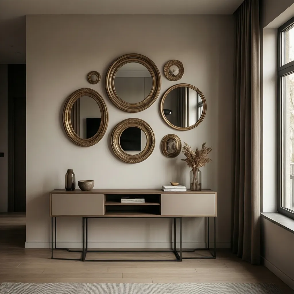 decorative wall mirrors above console table in modern living room