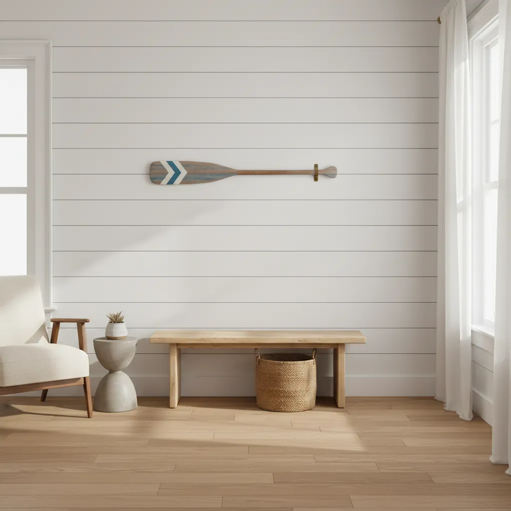 Decorative wooden paddle mounted across a neutral wall in a coastal style room