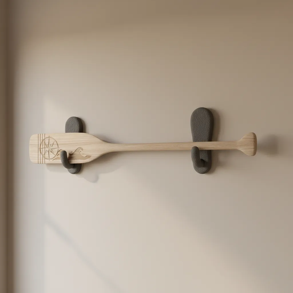 Wooden decorative oar mounted on padded wall hooks