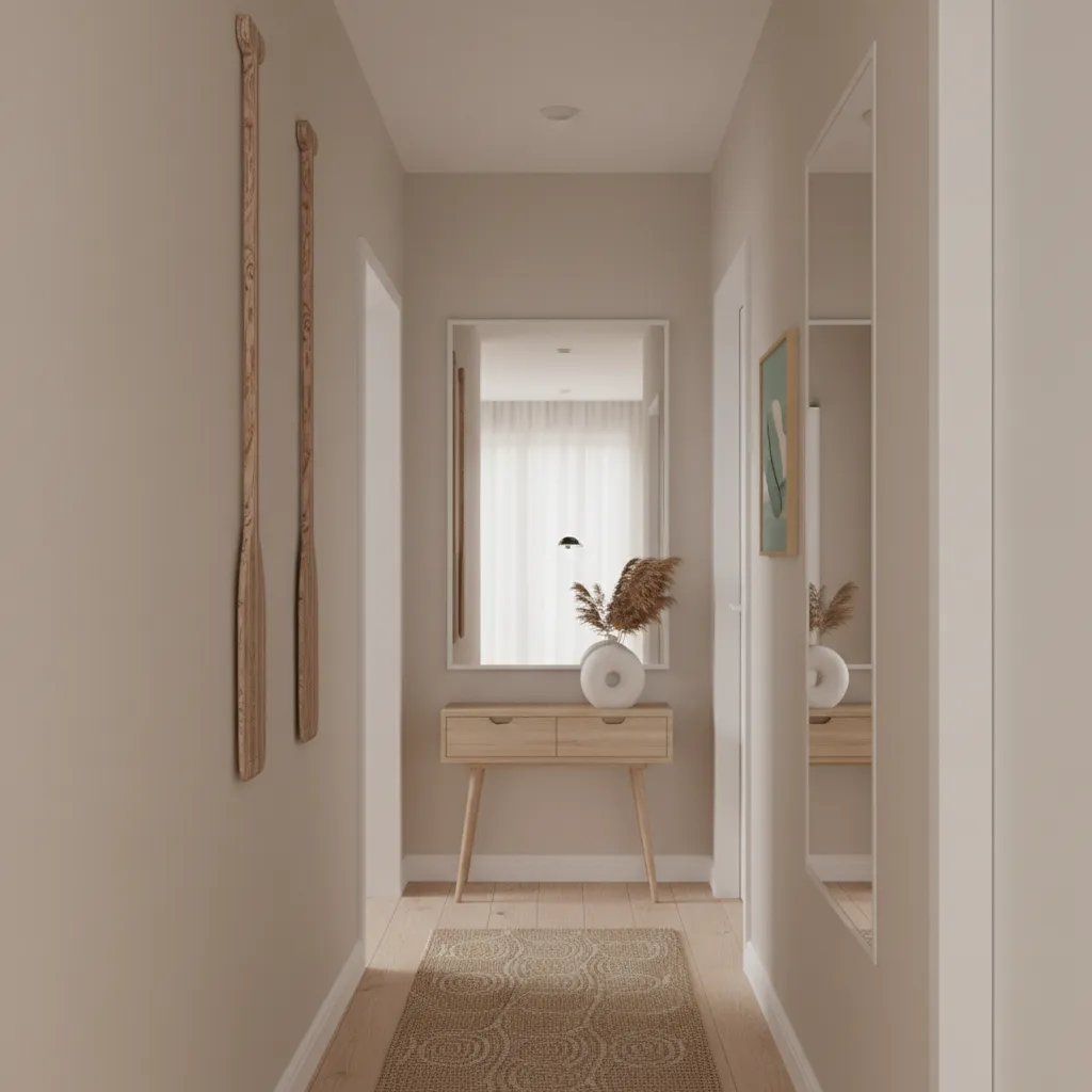 Slim decorative oars arranged vertically on a narrow apartment wall