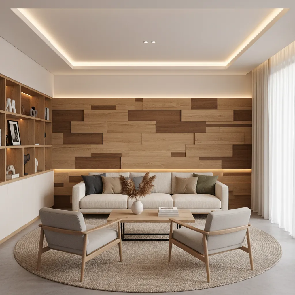 Pared decorativa con paneles detrás de un sofá en un salón moderno