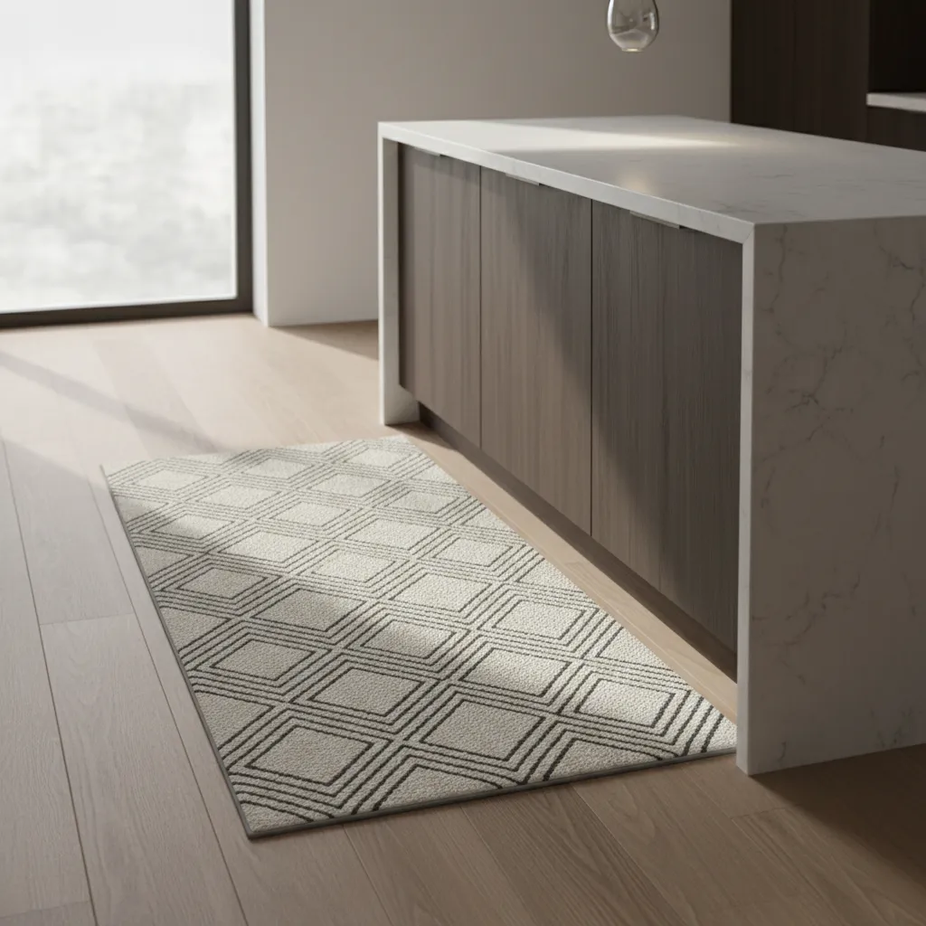 Decorative patterned anti fatigue kitchen mat on hardwood floor
