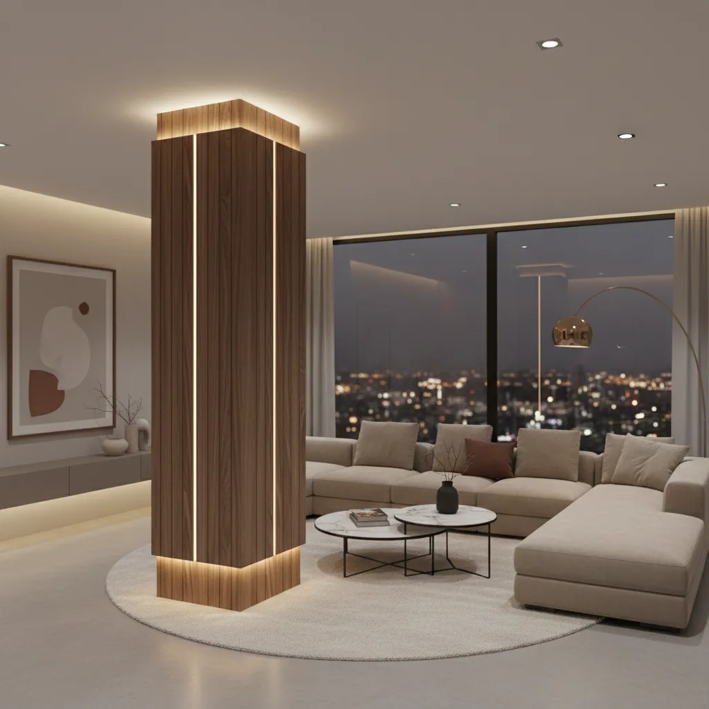 Decorative pillar wrapped with wood panels and lighting in modern living room
