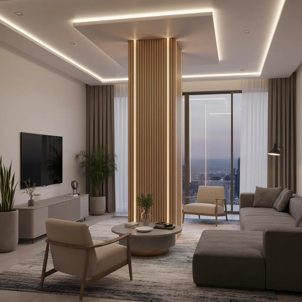 Living room pillar redesigned with wood paneling and lighting