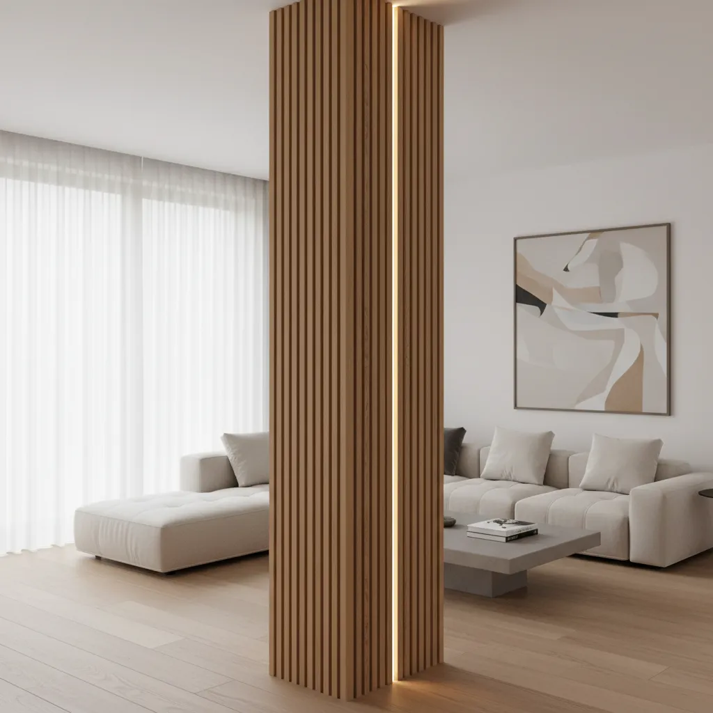 modern pillar with vertical wood slats and LED lighting in living room