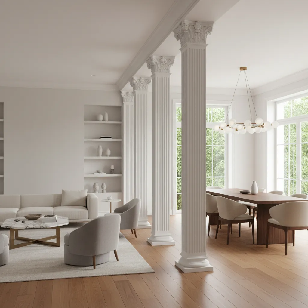 decorative columns dividing living and dining space in modern hall