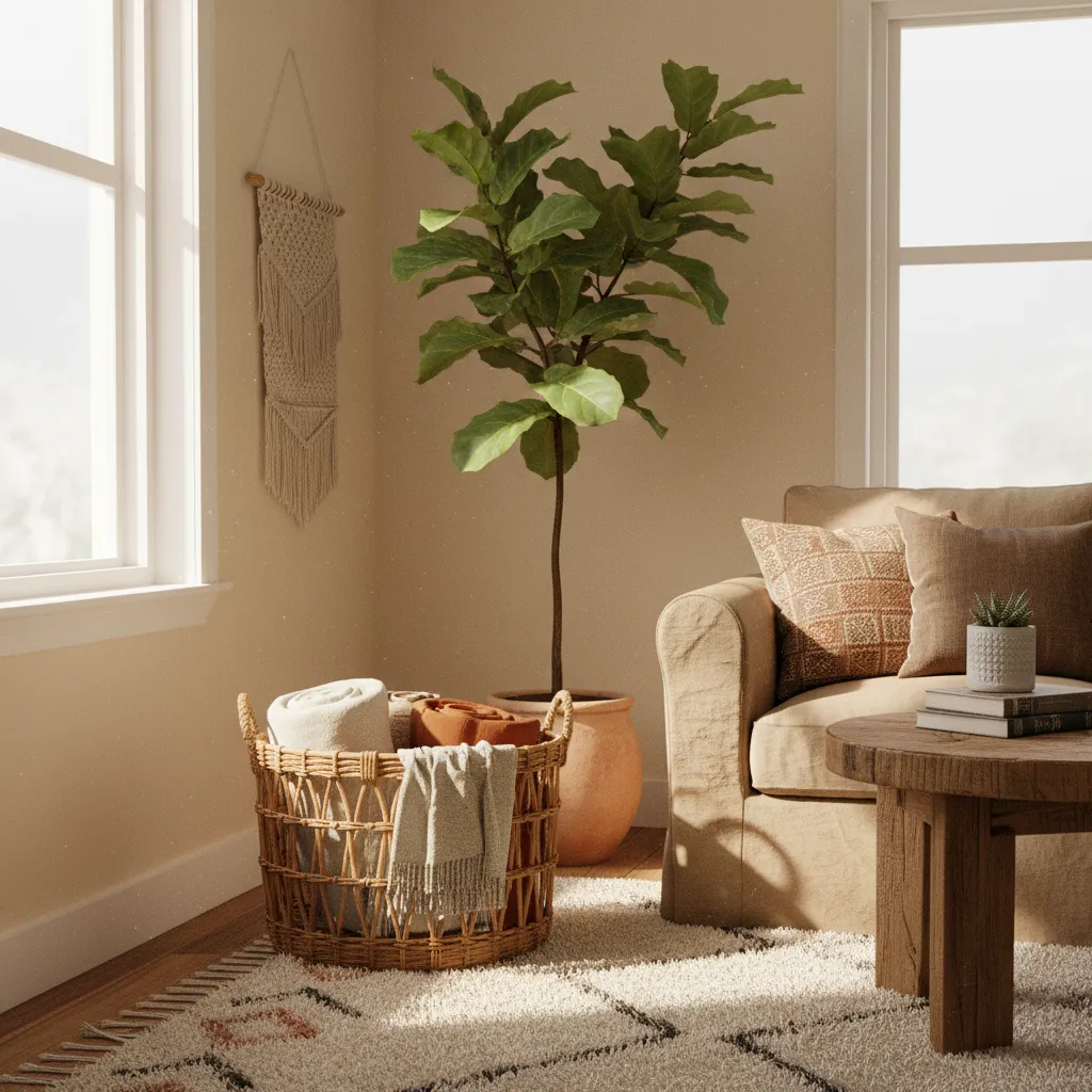 Rattan blanket basket styled in a boho living room corner