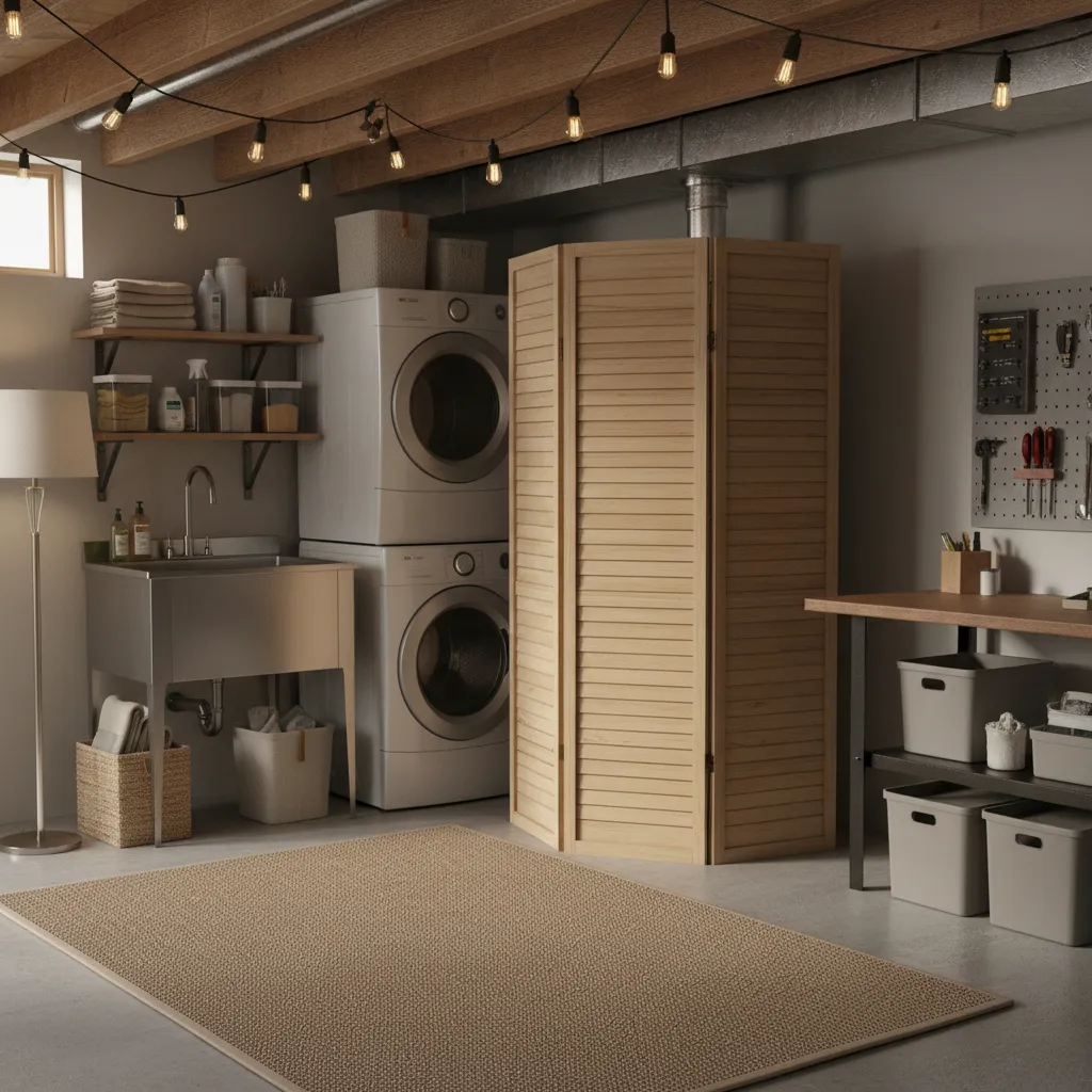 Decorative folding screen concealing water heater in basement