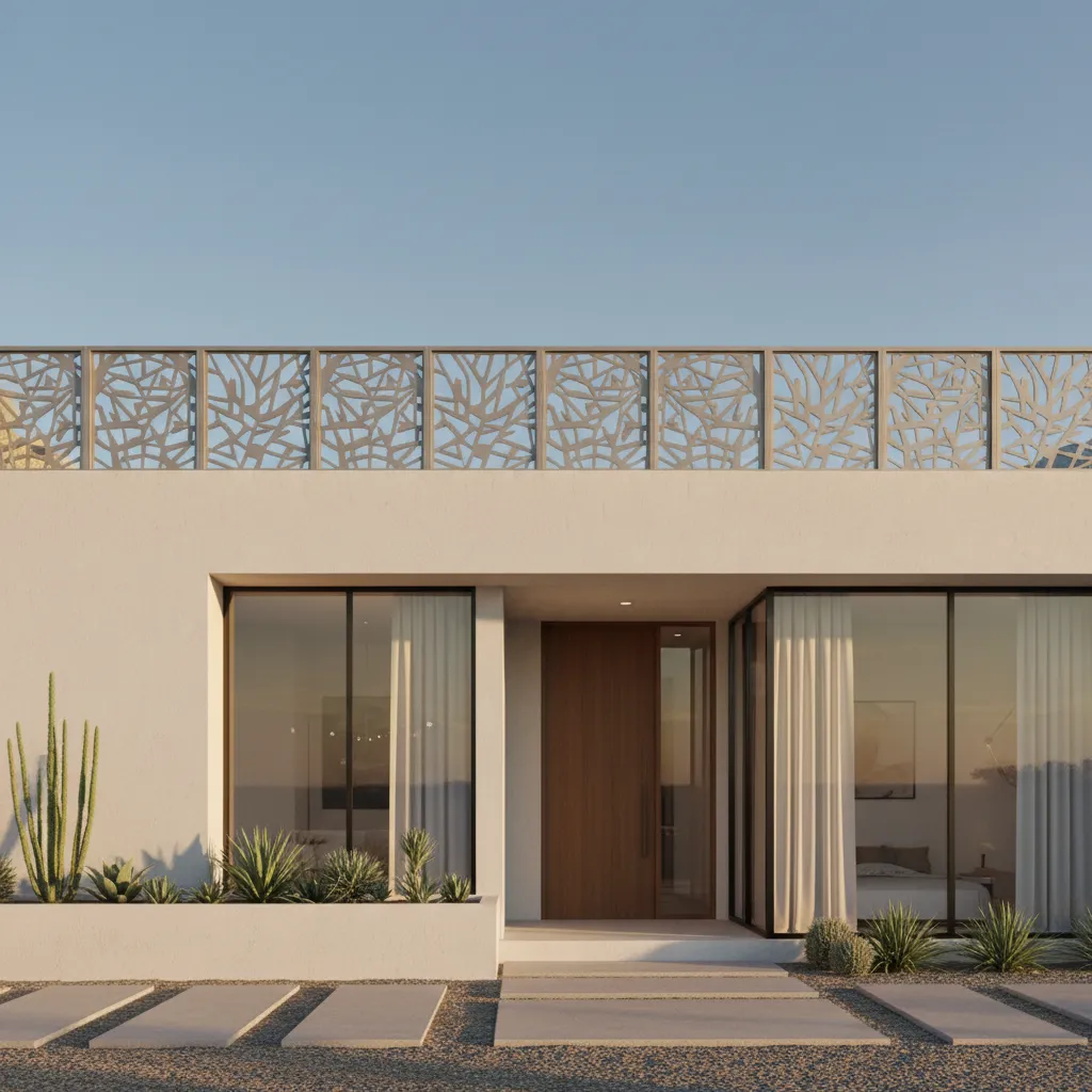 single floor house parapet wall with decorative screen pattern