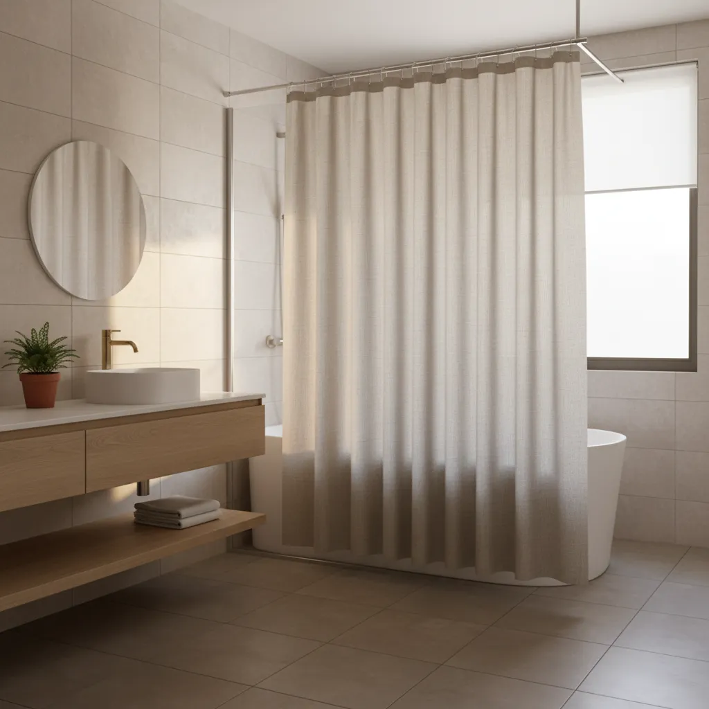 decorative linen shower curtain paired with liner in modern bathroom