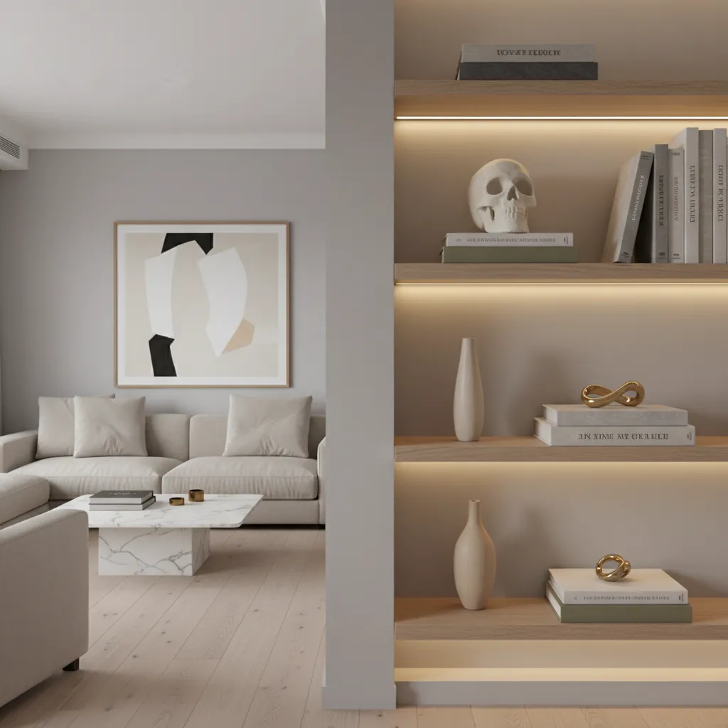 Modern shelf styling with ceramic skull sculpture and art books