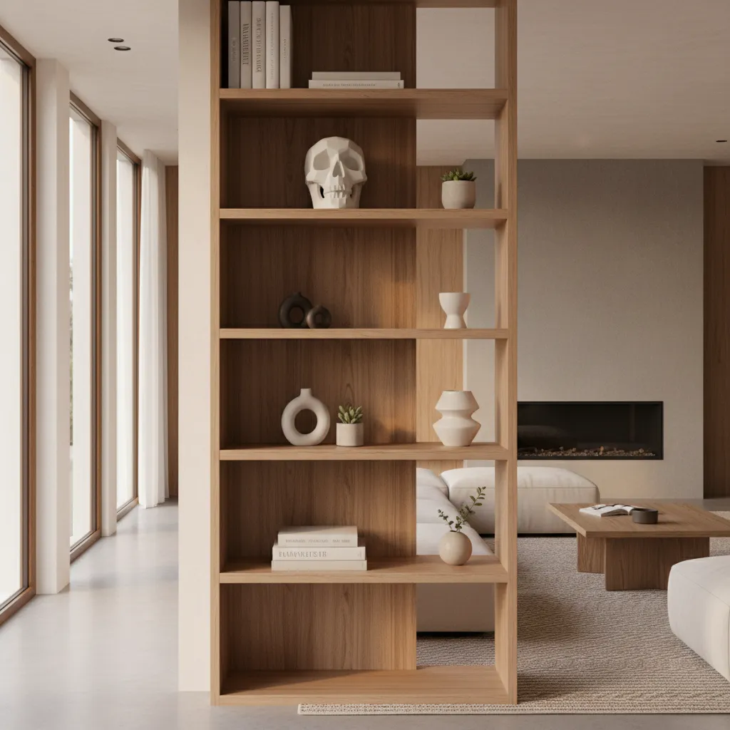Decorative skull sculpture displayed on shelf in a modern living room