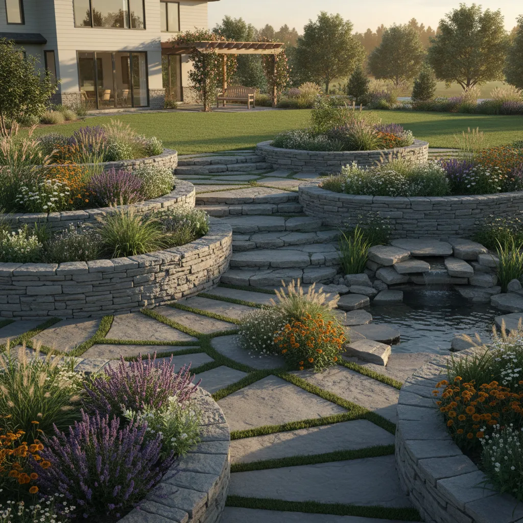 Decorative backyard landscape with natural stone raised garden beds